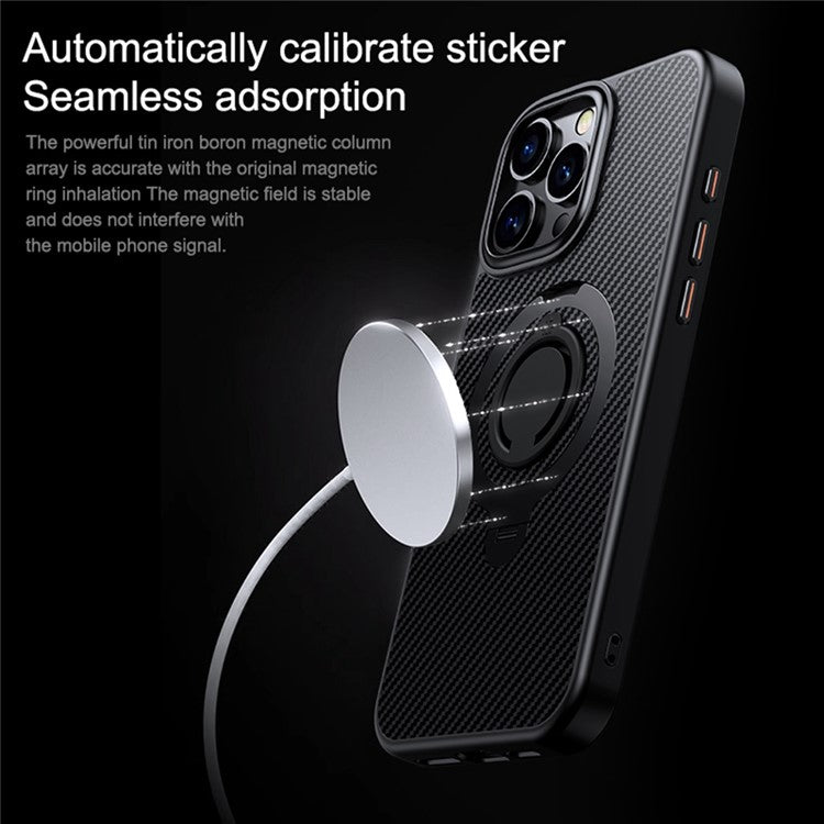 For iPhone 16 Pro Case Compatible with MagSafe Kickstand Carbon Fiber Texture PC+TPU Phone Cover with Silicone Ring - Blue