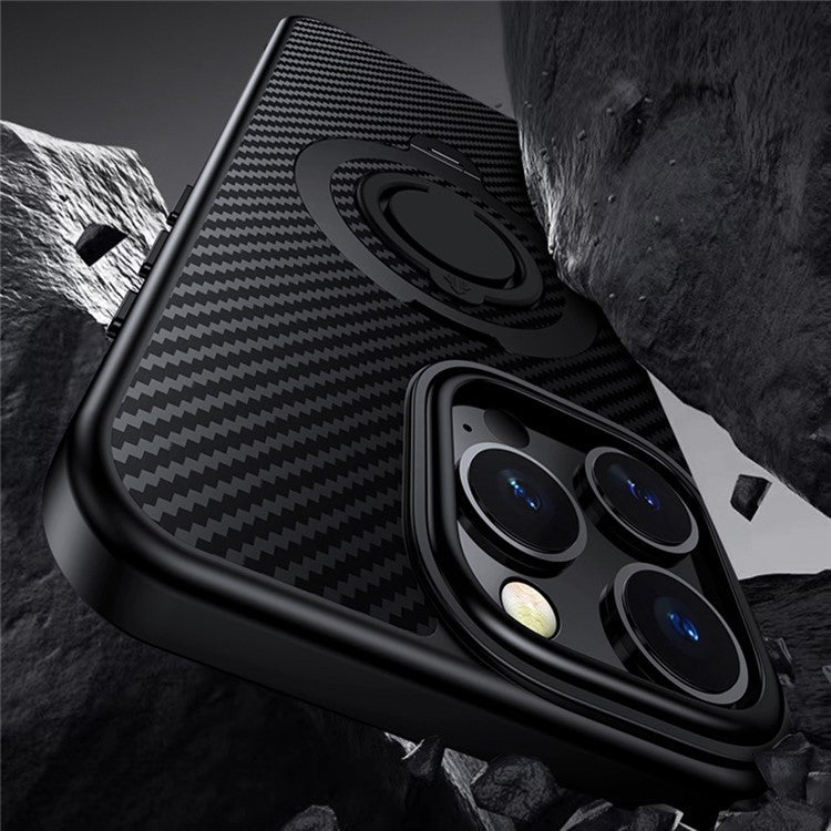 For iPhone 16 Pro Case Compatible with MagSafe Kickstand Carbon Fiber Texture PC+TPU Phone Cover with Silicone Ring - Blue