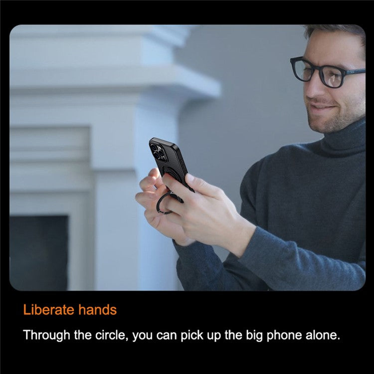 For iPhone 16 Pro Case Compatible with MagSafe Kickstand Carbon Fiber Texture PC+TPU Phone Cover with Silicone Ring - Blue