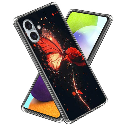 For iPhone 16 Plus Case Pattern Printed Shockproof TPU Phone Cover - Red Butterfly Rose