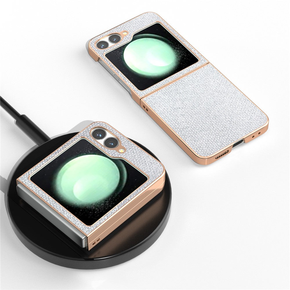 For Samsung Galaxy Z Flip7 FE 5G / Z Flip6 5G Case Rhinestone Texture PU+TPU Phone Cover Electroplating Edge - Silver