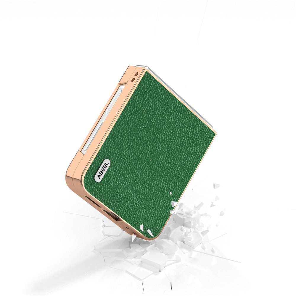 ABEEL For Samsung Galaxy Z Flip7 FE 5G / Z Flip6 5G Case Genuine Cow Leather+PC+TPU Electroplating Phone Cover - Green