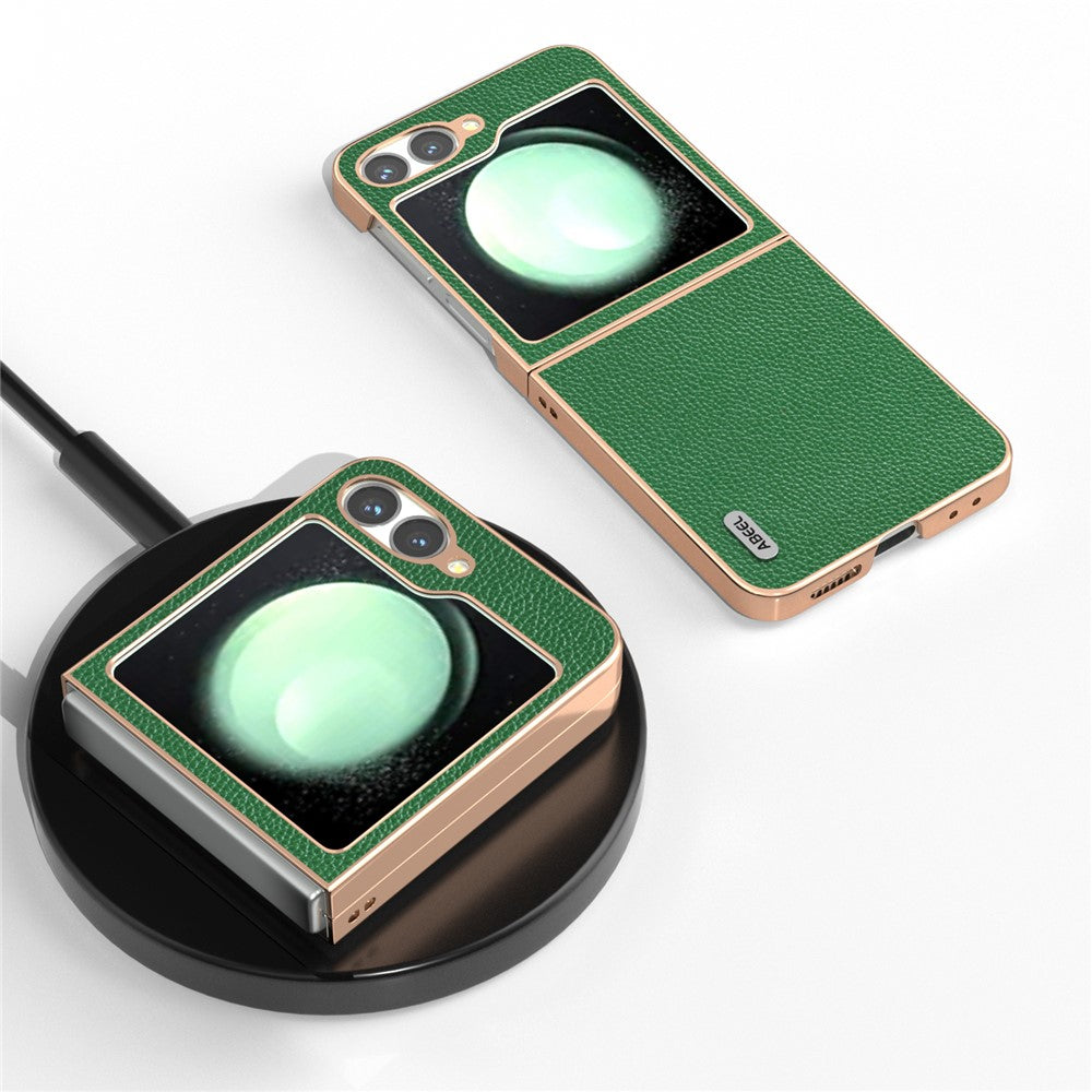 ABEEL For Samsung Galaxy Z Flip7 FE 5G / Z Flip6 5G Case Genuine Cow Leather+PC+TPU Electroplating Phone Cover - Green