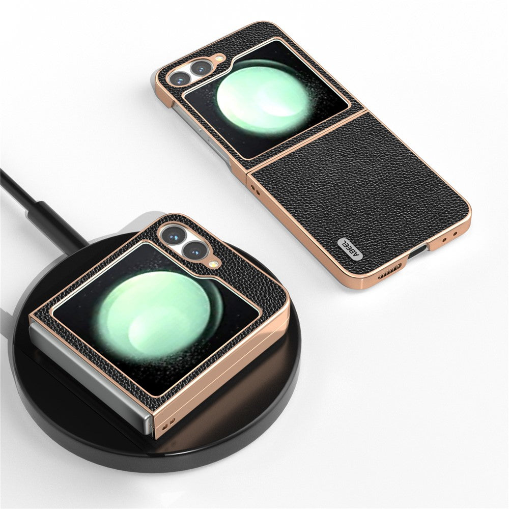 ABEEL For Samsung Galaxy Z Flip7 FE 5G / Z Flip6 5G Case Genuine Cow Leather+PC+TPU Electroplating Phone Cover - Black