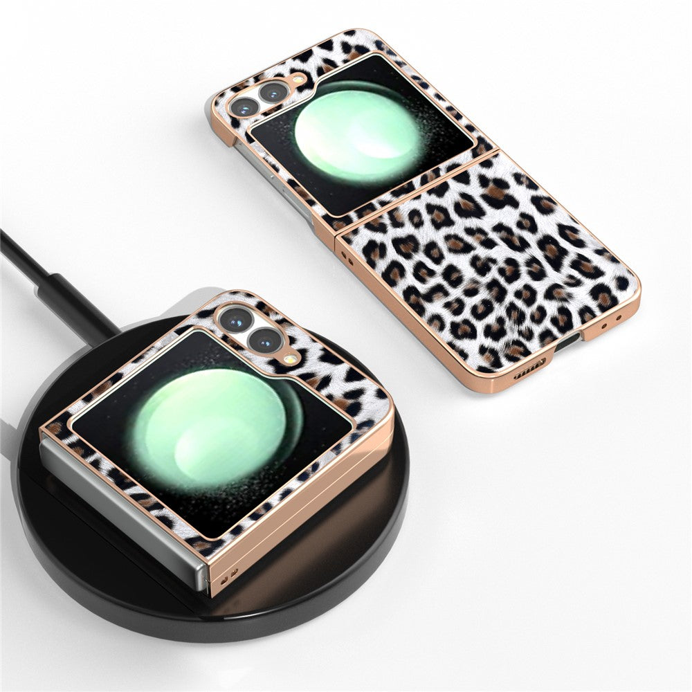 For Samsung Galaxy Z Flip7 FE 5G / Z Flip6 5G Case Electroplating Leopard Pattern PU+TPU Phone Cover - Silver