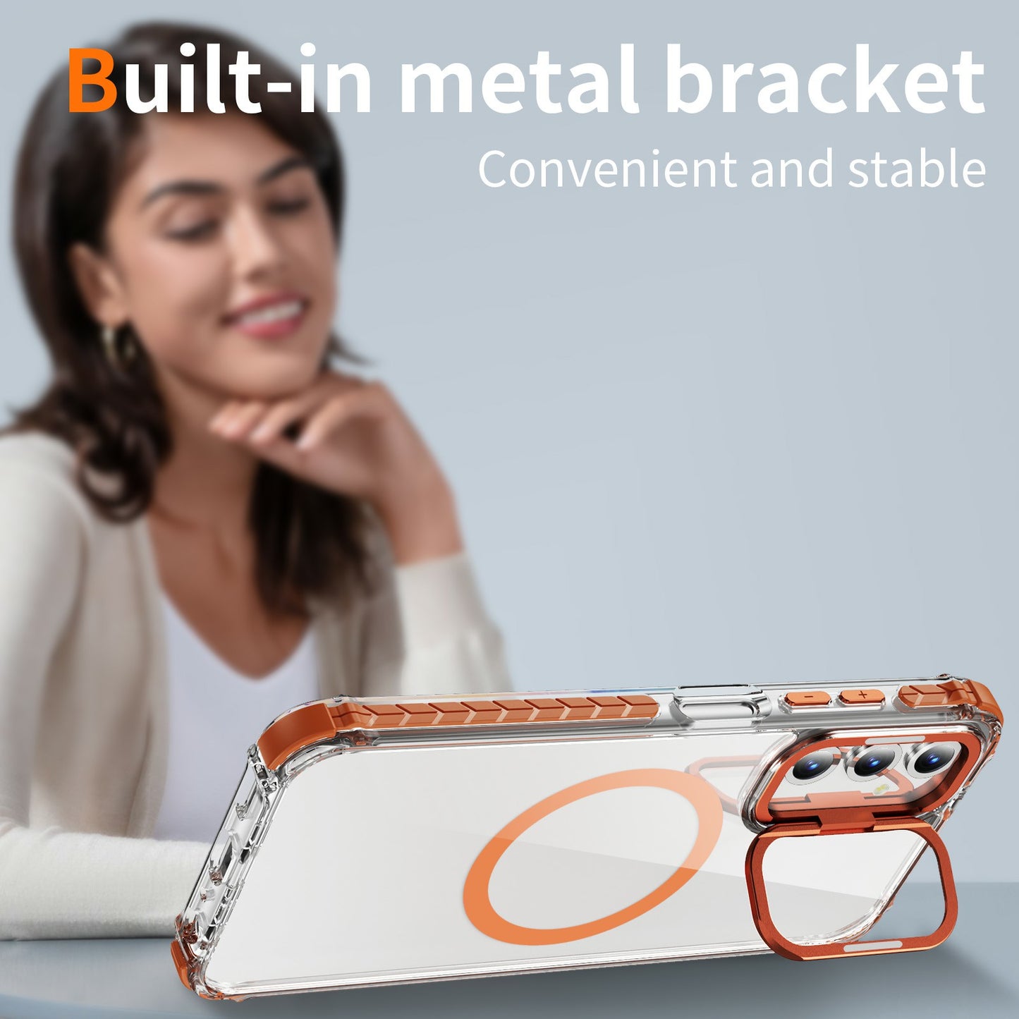 For Samsung Galaxy A16 5G / A16 4G Clear Phone Case with Lens Kickstand Cover Compatible with MagSafe - Orange