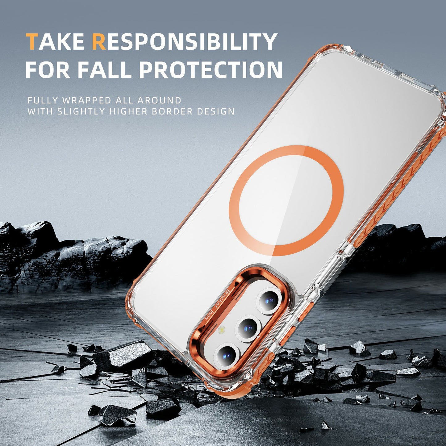 For Samsung Galaxy A16 5G / A16 4G Clear Phone Case with Lens Kickstand Cover Compatible with MagSafe - Orange