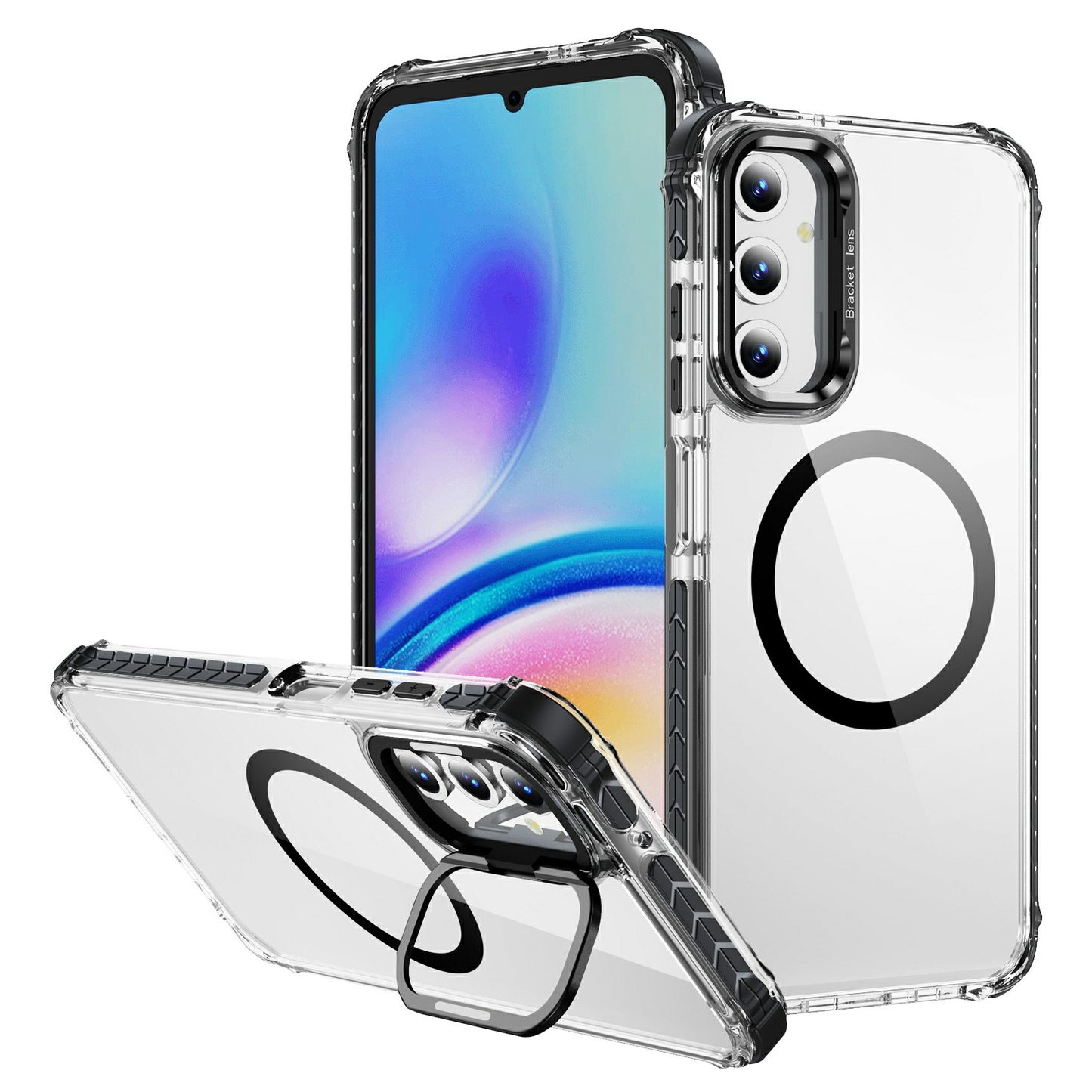 For Samsung Galaxy A16 5G / A16 4G Clear Phone Case with Lens Kickstand Cover Compatible with MagSafe - Black