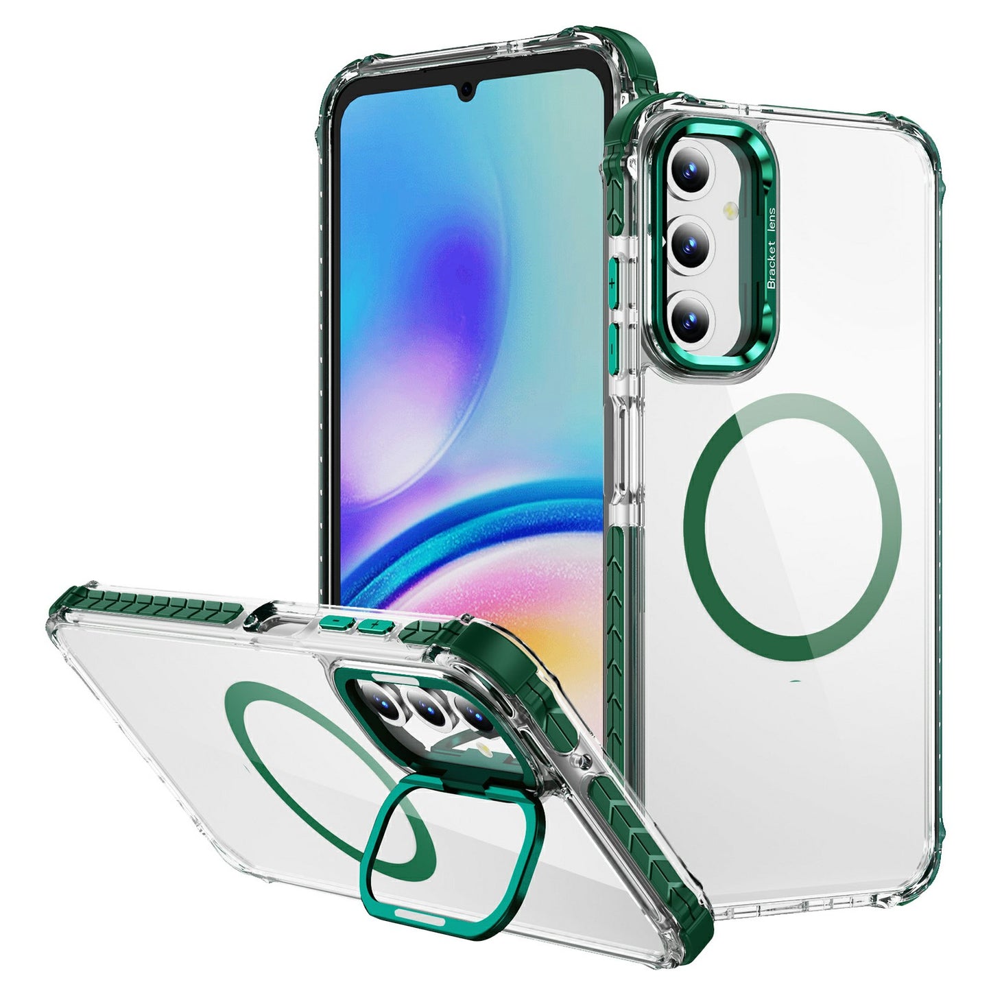 For Samsung Galaxy A16 5G / A16 4G Clear Phone Case with Lens Kickstand Cover Compatible with MagSafe - Green