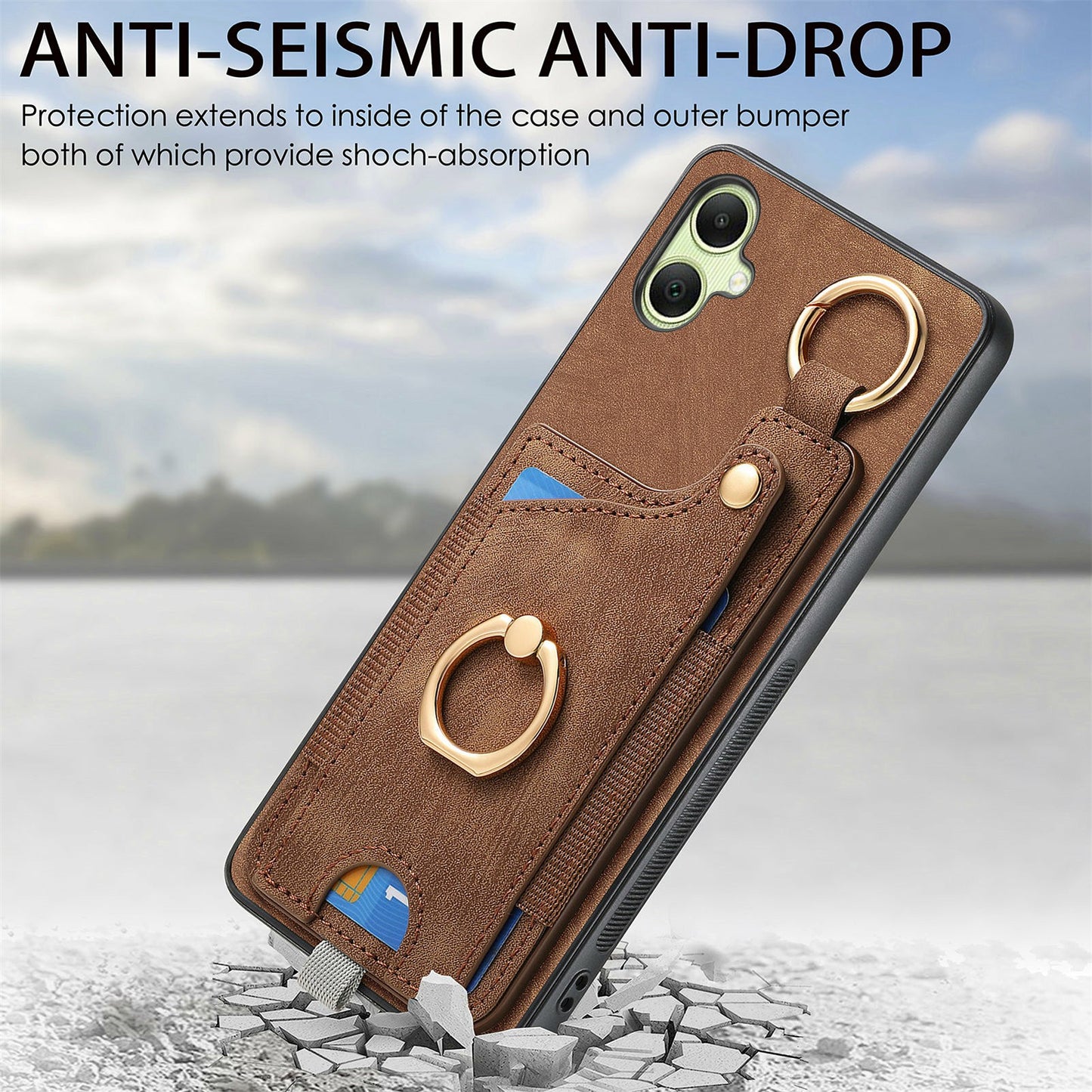 For Samsung Galaxy A06 Case Card Slots Leather+TPU Phone Cover with Ring Buckle - Brown