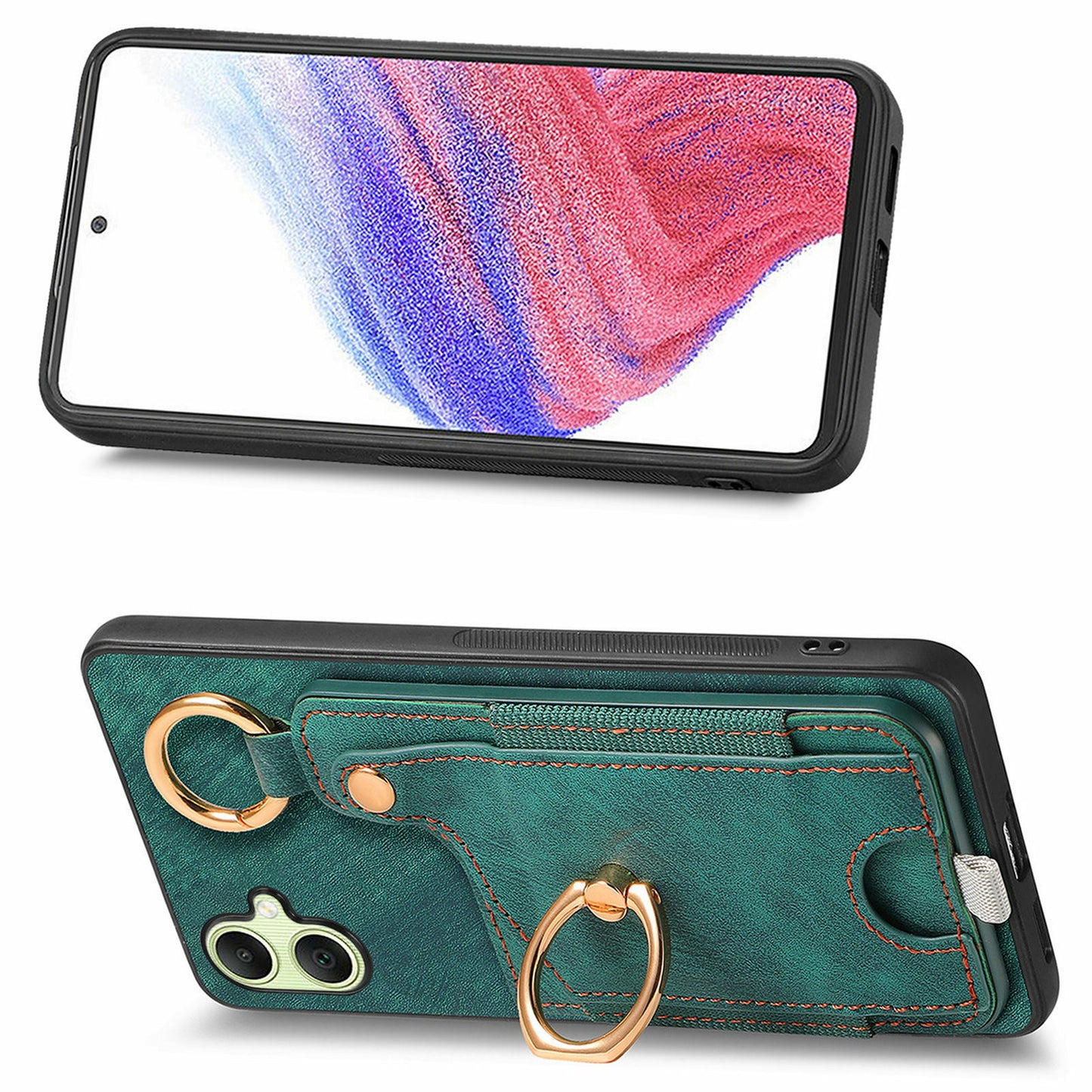 For Samsung Galaxy A06 Case Card Slots Leather+TPU Phone Cover with Ring Buckle - Green