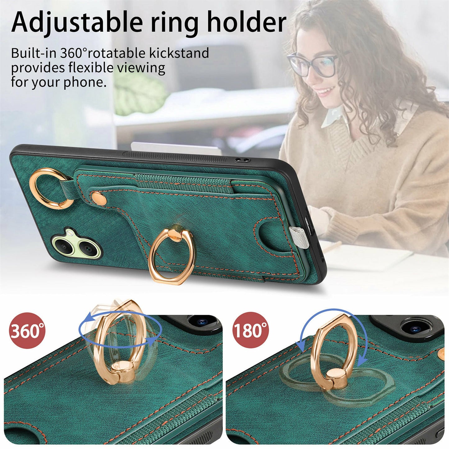 For Samsung Galaxy A06 Case Card Slots Leather+TPU Phone Cover with Ring Buckle - Green