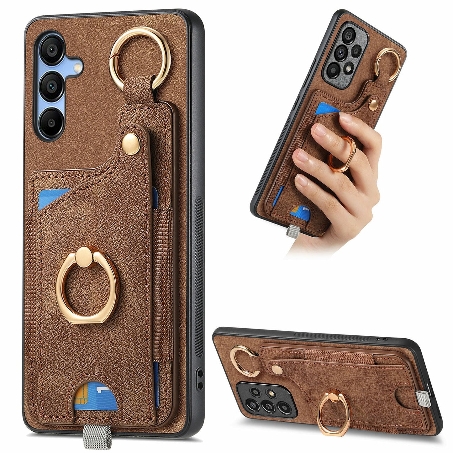 For Samsung Galaxy A16 4G / 5G Case Card Slots Leather+TPU Phone Cover with Ring Buckle - Brown