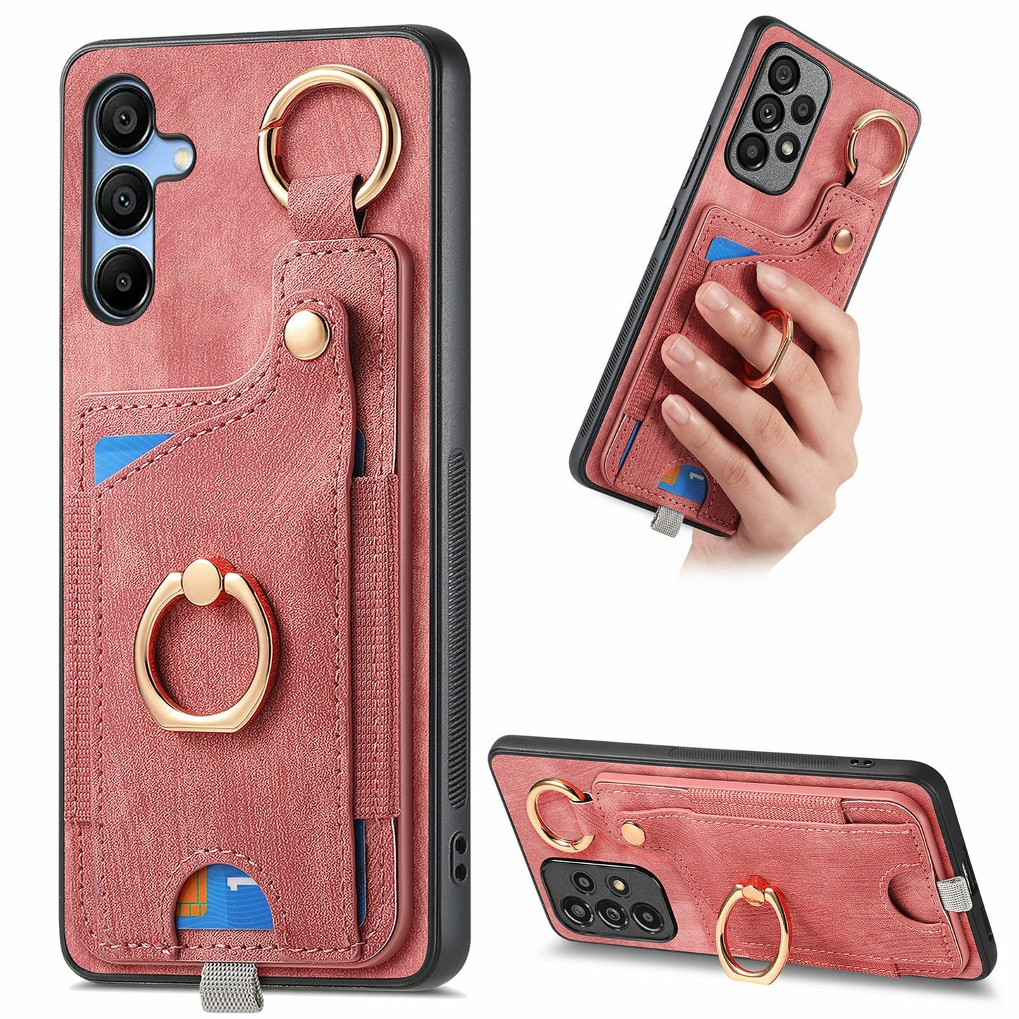 For Samsung Galaxy A16 4G / 5G Case Card Slots Leather+TPU Phone Cover with Ring Buckle - Pink