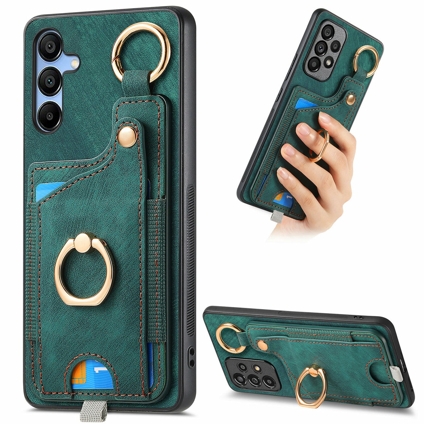 For Samsung Galaxy A16 4G / 5G Case Card Slots Leather+TPU Phone Cover with Ring Buckle - Green