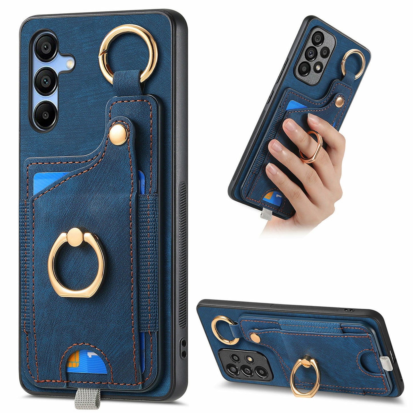 For Samsung Galaxy A16 4G / 5G Case Card Slots Leather+TPU Phone Cover with Ring Buckle - Blue