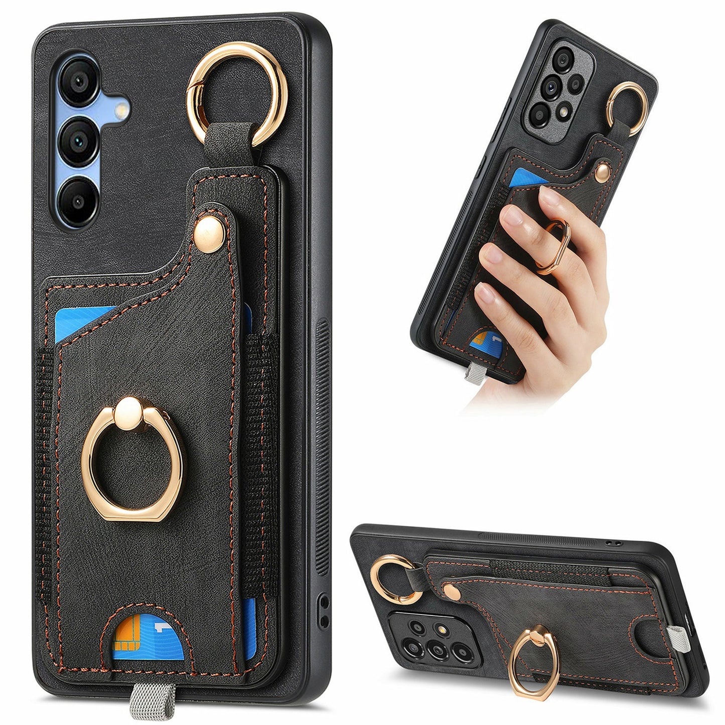For Samsung Galaxy A16 4G / 5G Case Card Slots Leather+TPU Phone Cover with Ring Buckle - Black