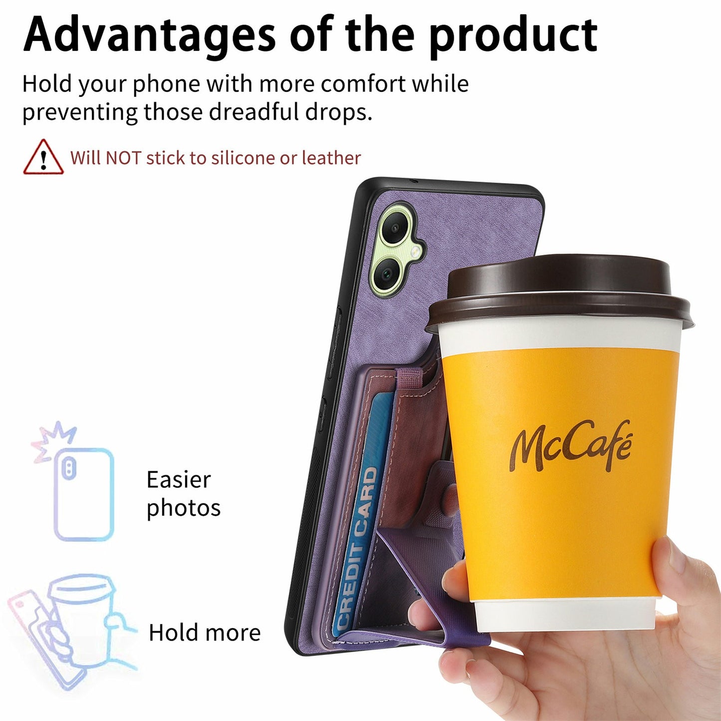 For Samsung Galaxy A06 Case Retro Leather Back Cover Card Slot Side Kickstand - Purple
