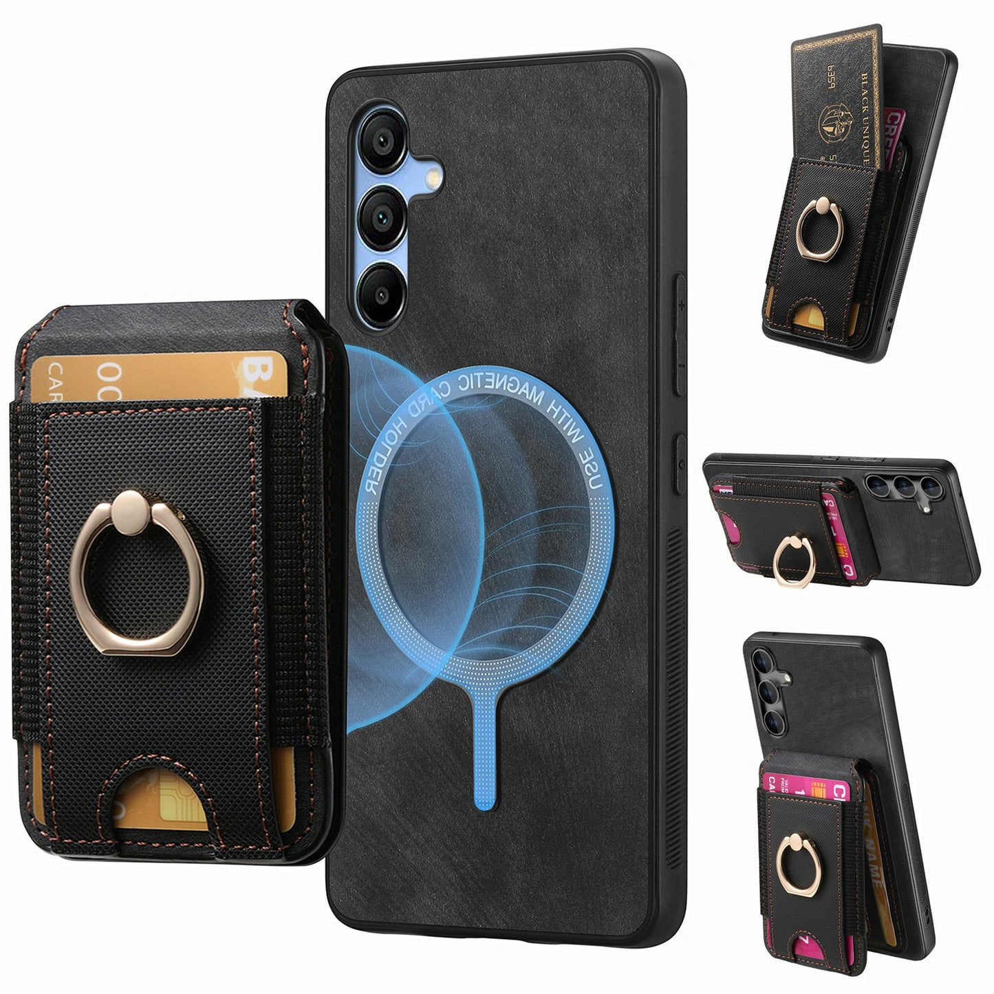 For Samsung Galaxy A16 4G / 5G Case Vertical Flip Card Holder Ring Holder Kickstand Leather Back Cover - Black
