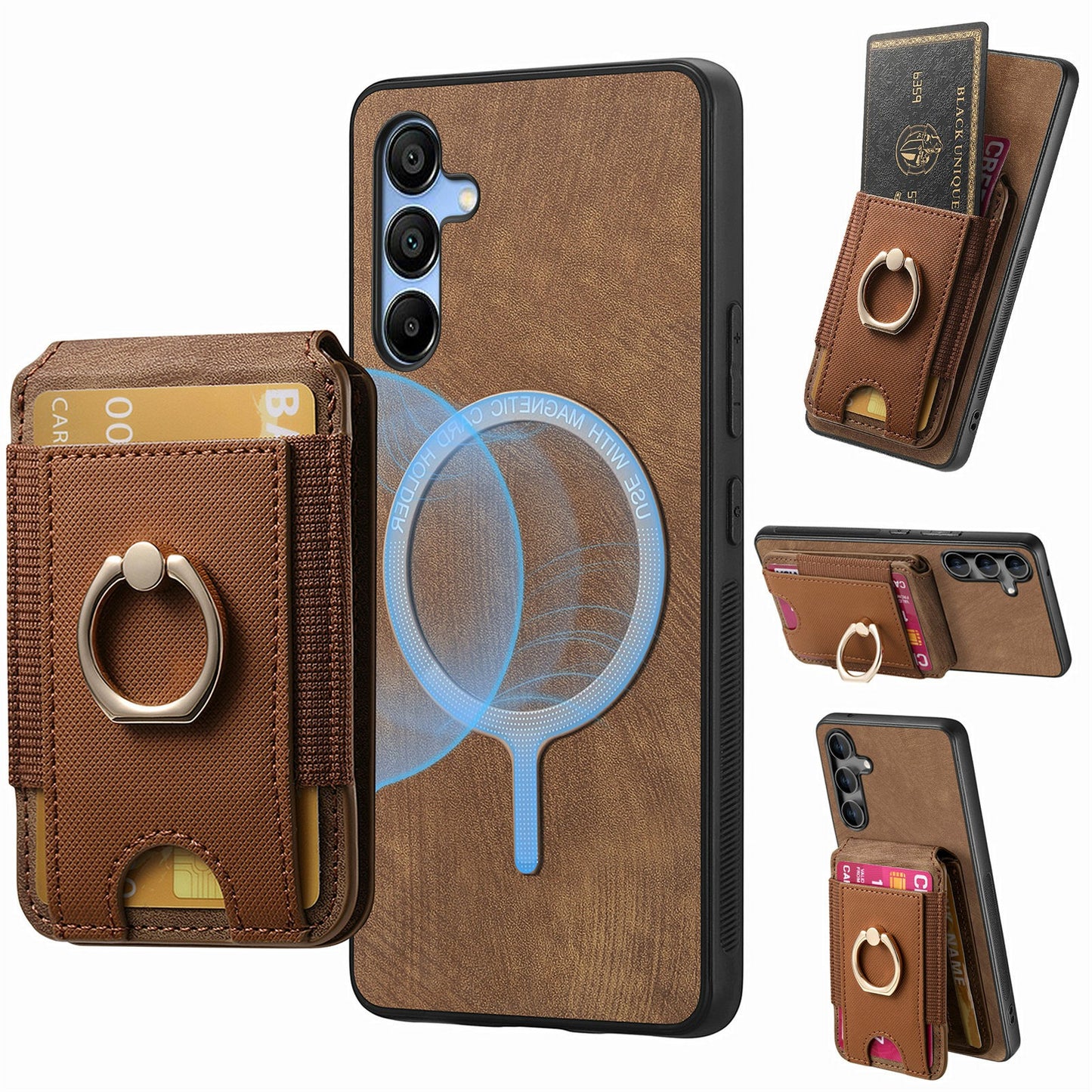 For Samsung Galaxy A16 4G / 5G Case Vertical Flip Card Holder Ring Holder Kickstand Leather Back Cover - Brown