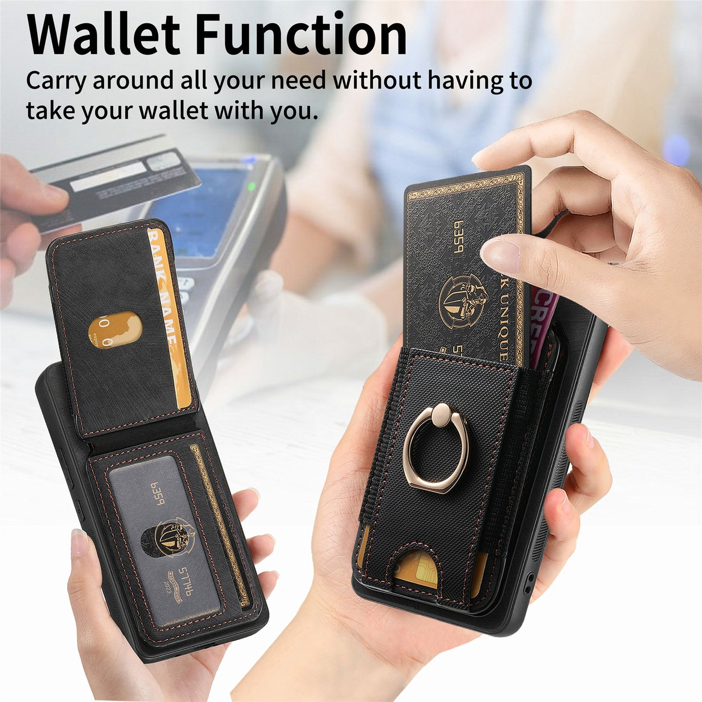 For Samsung Galaxy A06 Case Vertical Flip Card Holder Ring Holder Kickstand Leather Back Cover - Black