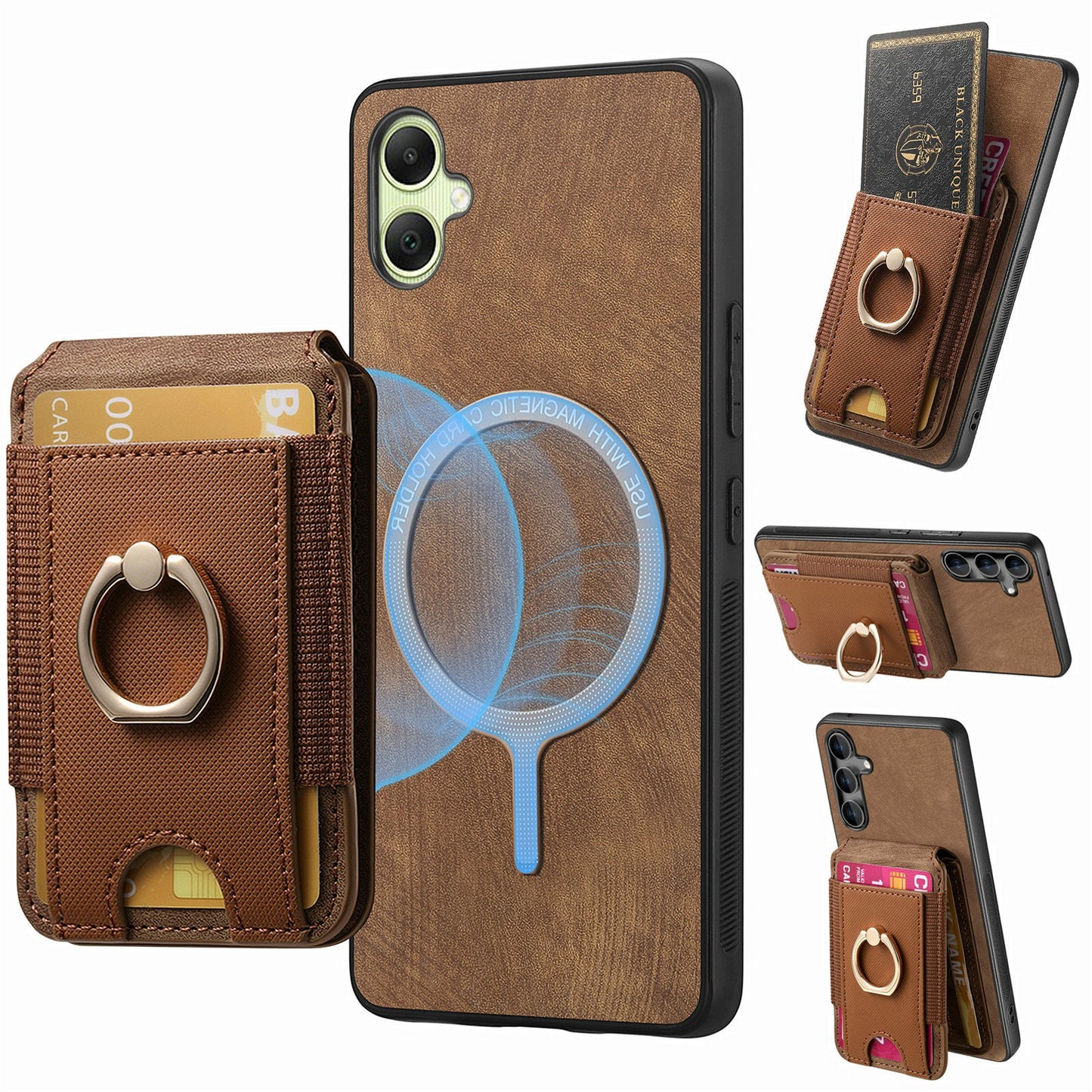 For Samsung Galaxy A06 Case Vertical Flip Card Holder Ring Holder Kickstand Leather Back Cover - Brown