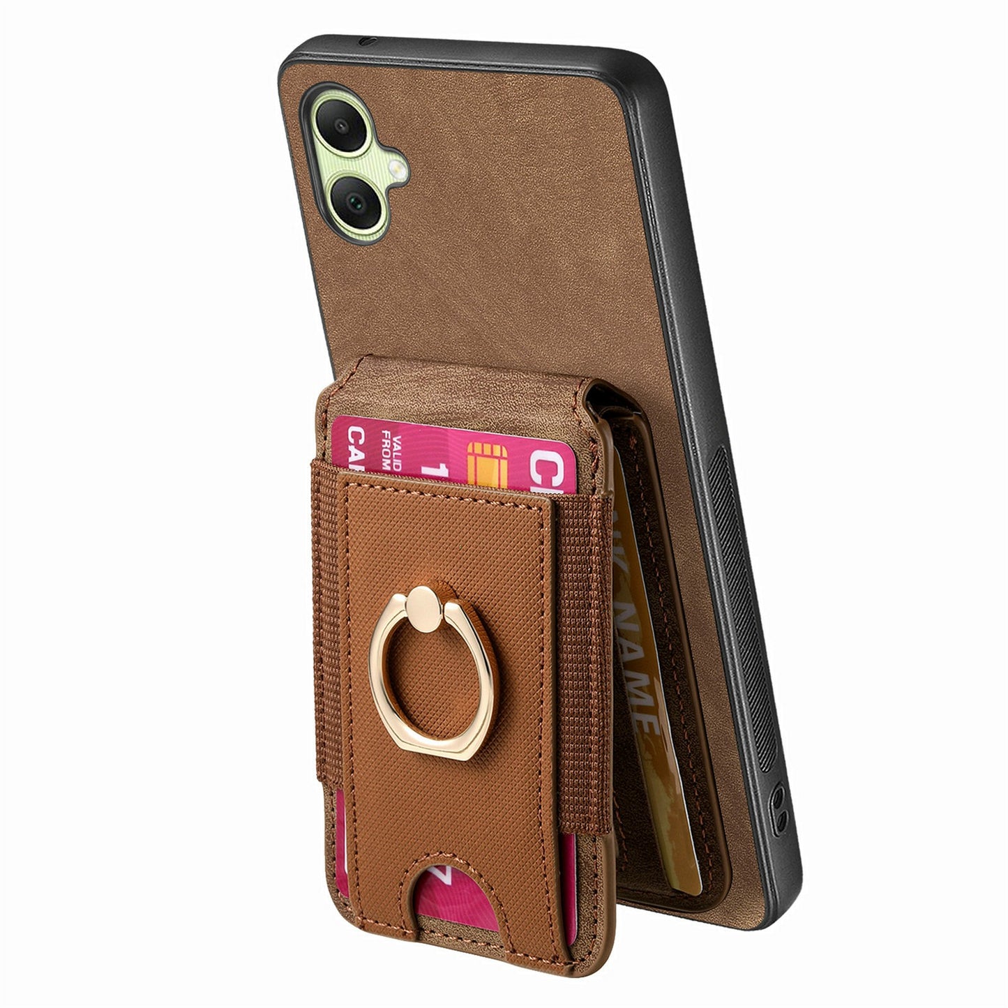 For Samsung Galaxy A06 Case Vertical Flip Card Holder Ring Holder Kickstand Leather Back Cover - Brown