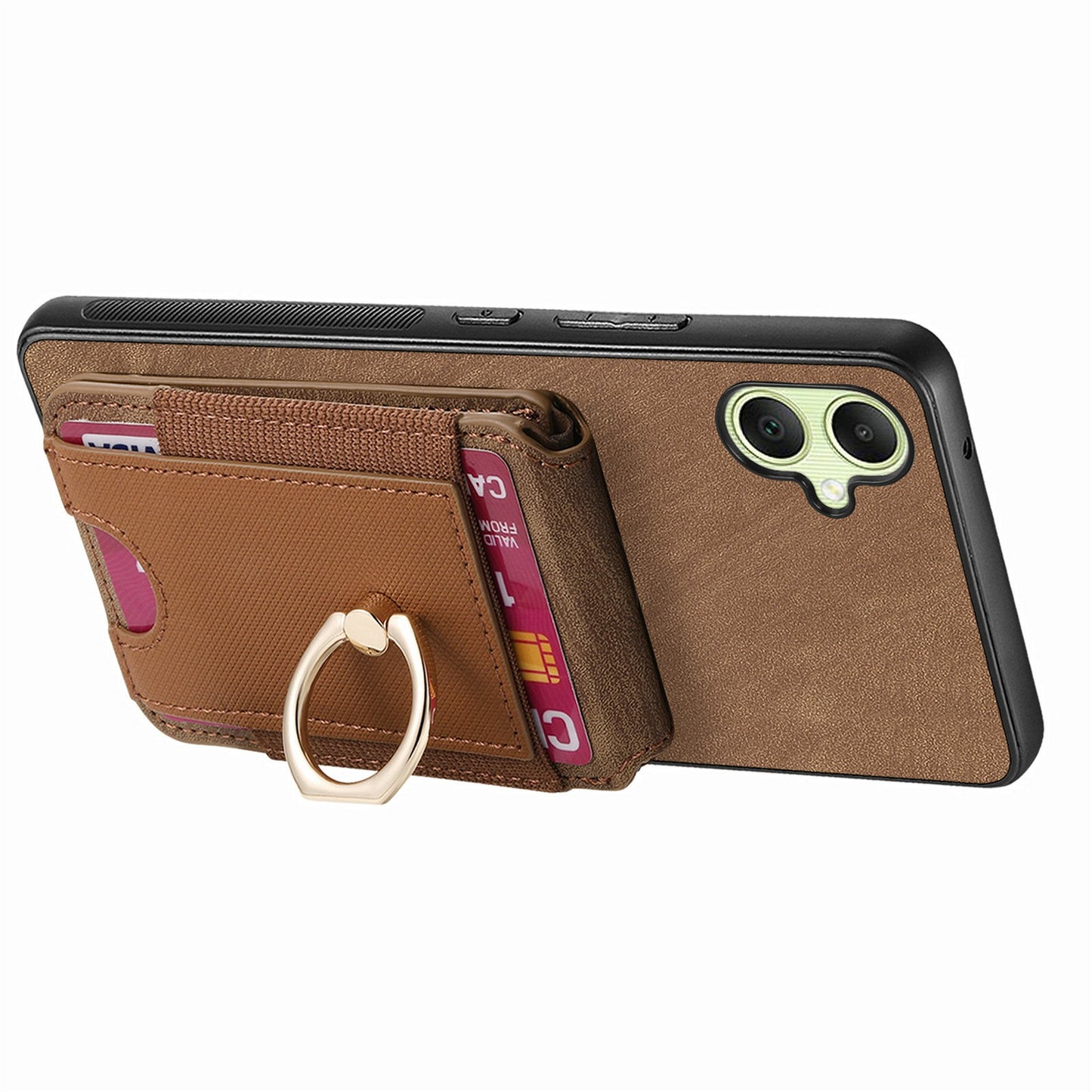 For Samsung Galaxy A06 Case Vertical Flip Card Holder Ring Holder Kickstand Leather Back Cover - Brown