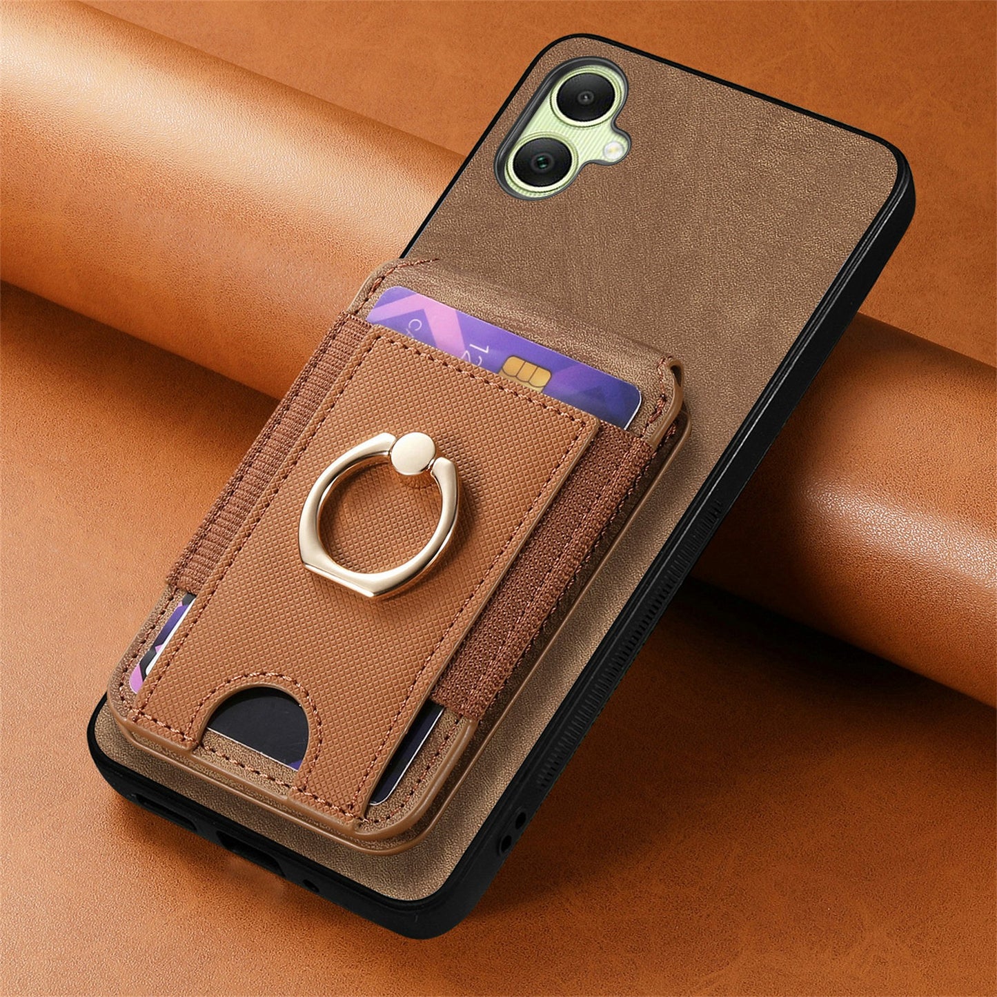 For Samsung Galaxy A06 Case Vertical Flip Card Holder Ring Holder Kickstand Leather Back Cover - Brown