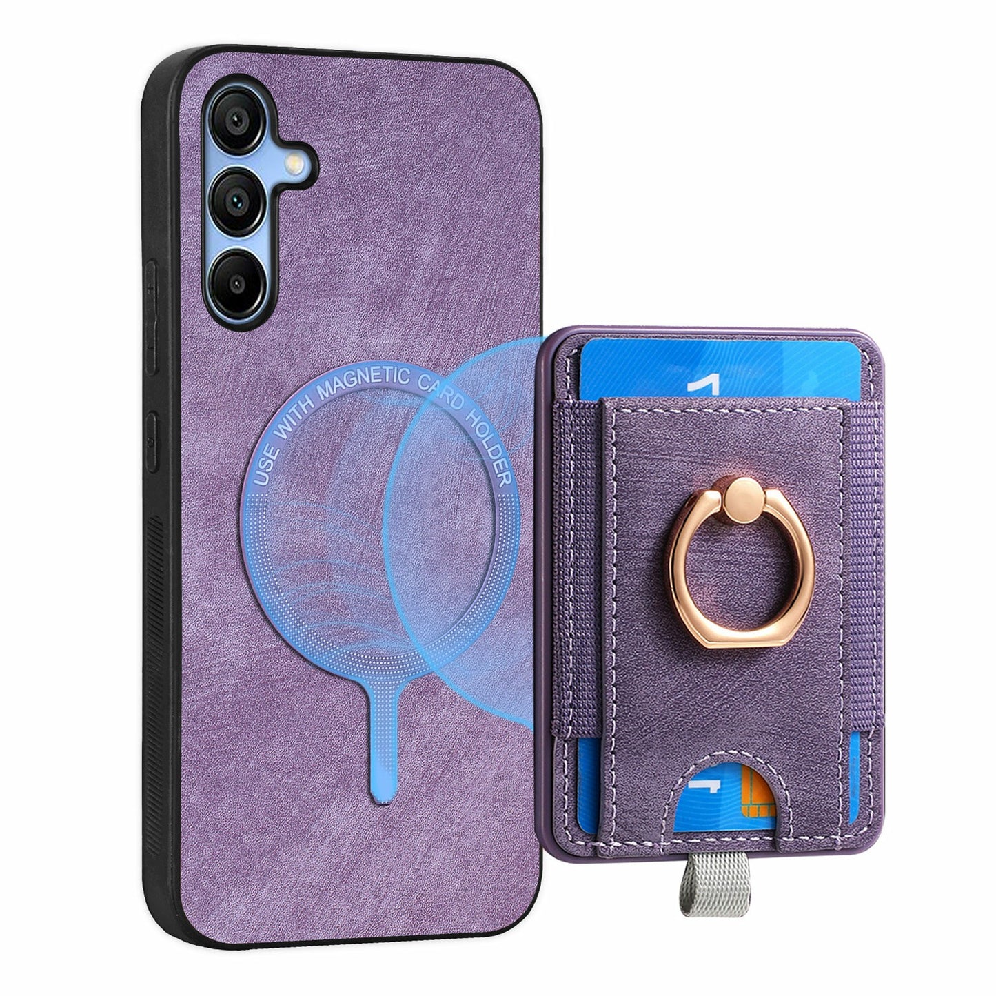 For Samsung Galaxy A16 4G / 5G Magnetic Case Card Holder Ring Kickstand PU Leather Phone Back Cover - Purple