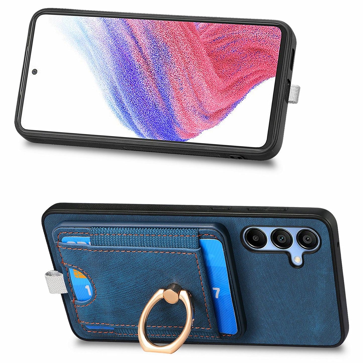 For Samsung Galaxy A16 4G / 5G Magnetic Case Card Holder Ring Kickstand PU Leather Phone Back Cover - Blue