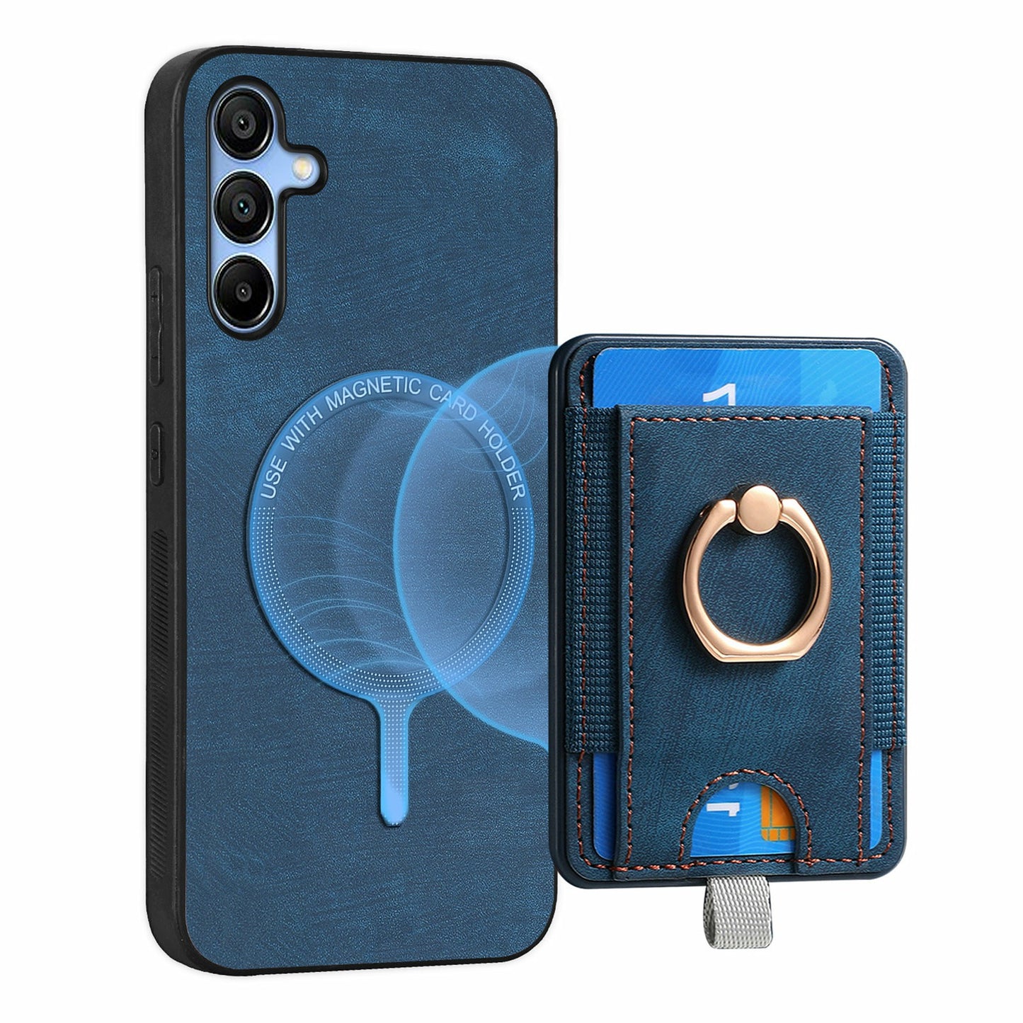 For Samsung Galaxy A16 4G / 5G Magnetic Case Card Holder Ring Kickstand PU Leather Phone Back Cover - Blue