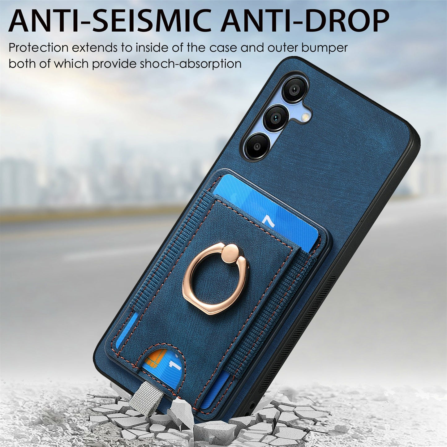 For Samsung Galaxy A16 4G / 5G Magnetic Case Card Holder Ring Kickstand PU Leather Phone Back Cover - Blue