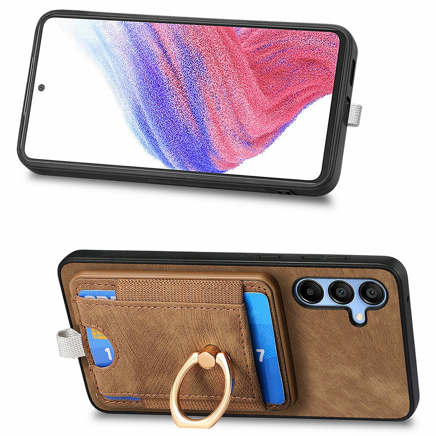 For Samsung Galaxy A16 4G / 5G Magnetic Case Card Holder Ring Kickstand PU Leather Phone Back Cover - Brown