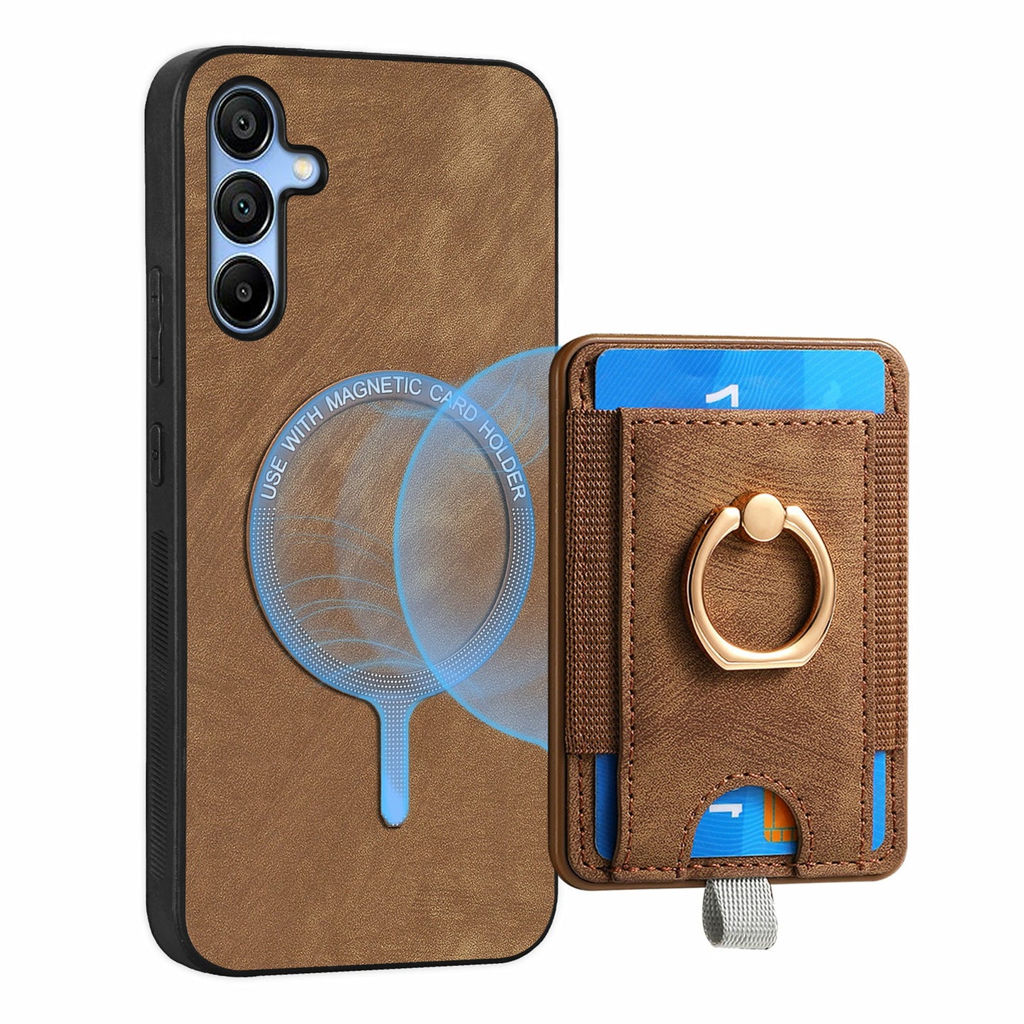 For Samsung Galaxy A16 4G / 5G Magnetic Case Card Holder Ring Kickstand PU Leather Phone Back Cover - Brown