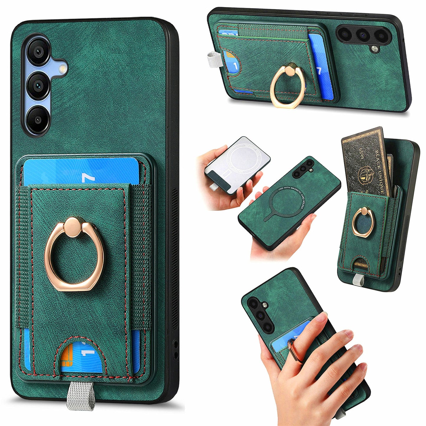 For Samsung Galaxy A16 4G / 5G Magnetic Case Card Holder Ring Kickstand PU Leather Phone Back Cover - Green