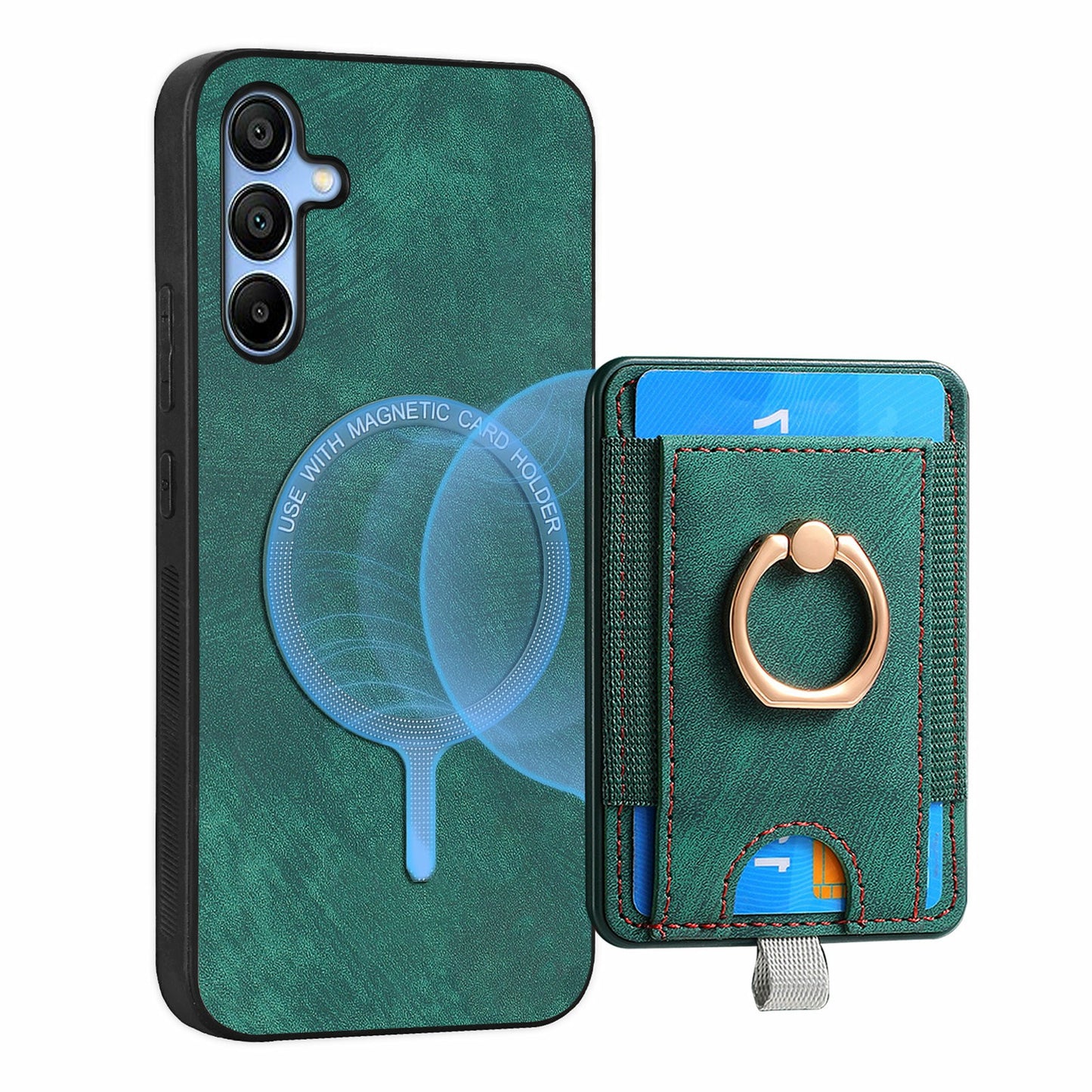 For Samsung Galaxy A16 4G / 5G Magnetic Case Card Holder Ring Kickstand PU Leather Phone Back Cover - Green