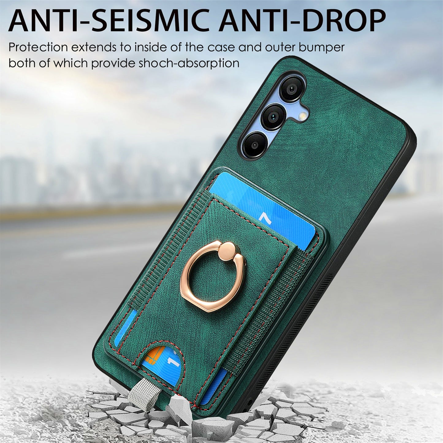 For Samsung Galaxy A16 4G / 5G Magnetic Case Card Holder Ring Kickstand PU Leather Phone Back Cover - Green