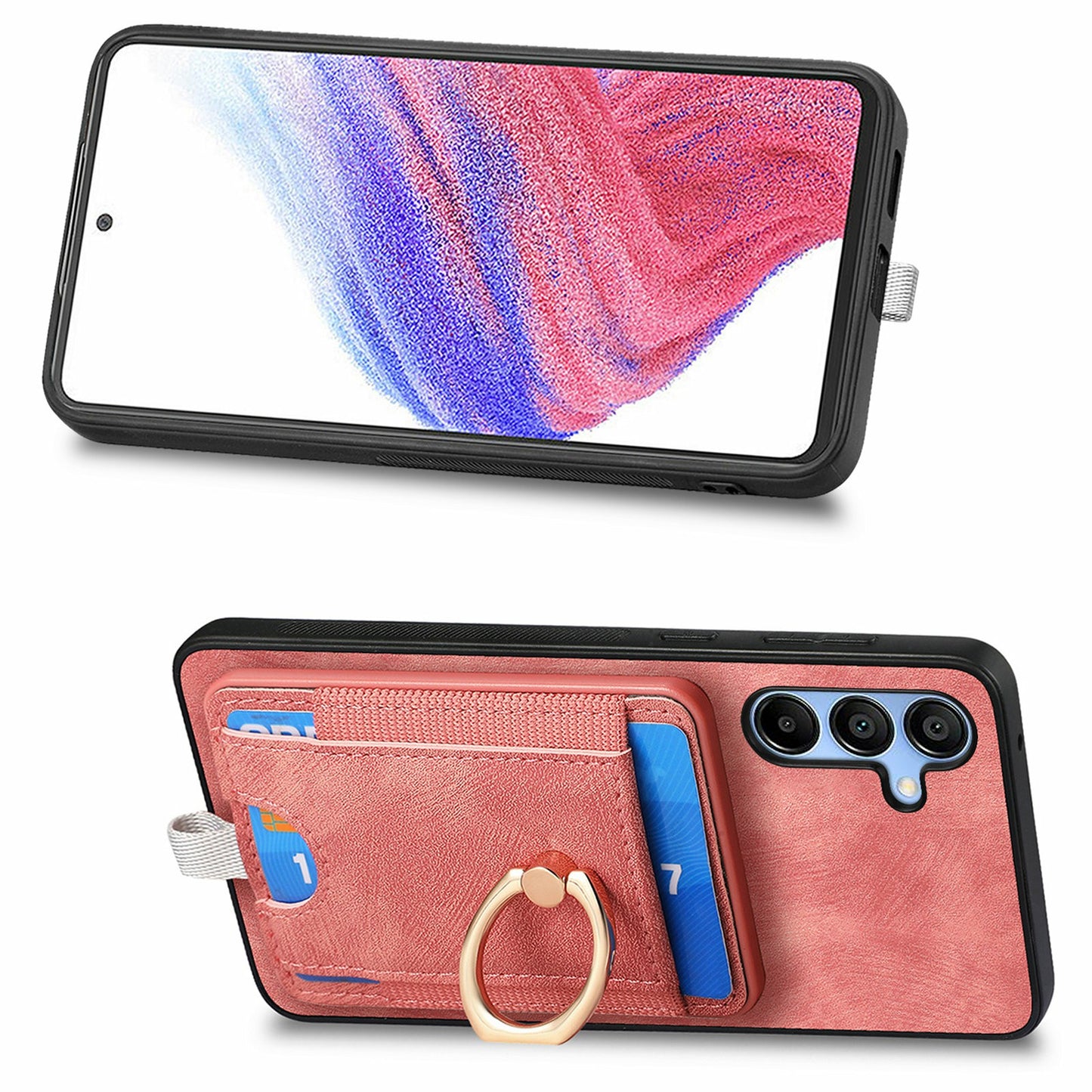 For Samsung Galaxy A16 4G / 5G Magnetic Case Card Holder Ring Kickstand PU Leather Phone Back Cover - Pink