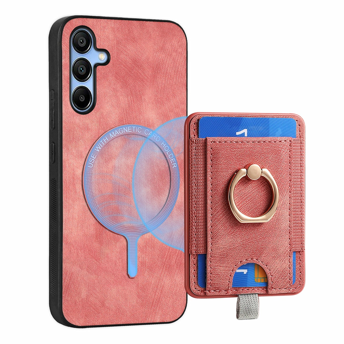 For Samsung Galaxy A16 4G / 5G Magnetic Case Card Holder Ring Kickstand PU Leather Phone Back Cover - Pink