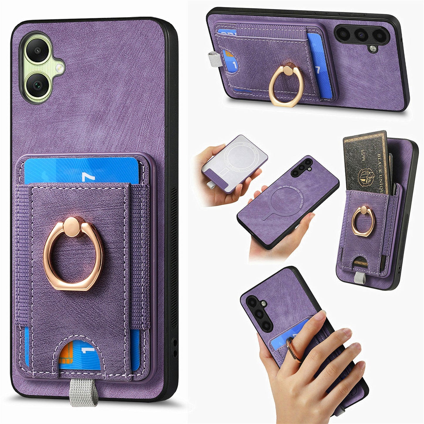 For Samsung Galaxy A06 Magnetic Case Card Holder Ring Kickstand PU Leather Phone Back Cover - Purple