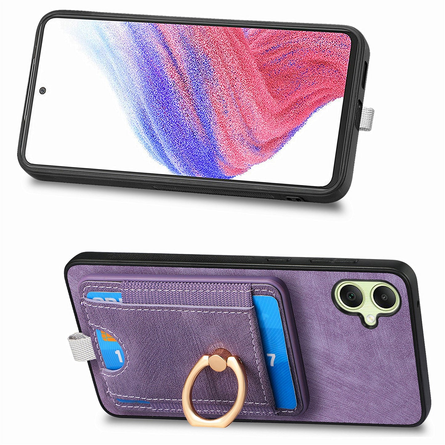 For Samsung Galaxy A06 Magnetic Case Card Holder Ring Kickstand PU Leather Phone Back Cover - Purple