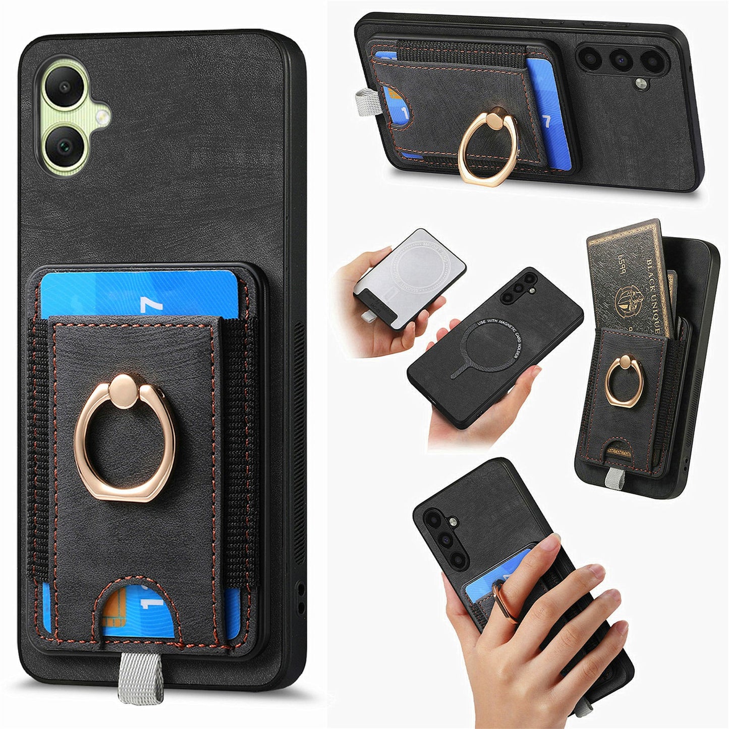 For Samsung Galaxy A06 Magnetic Case Card Holder Ring Kickstand PU Leather Phone Back Cover - Black