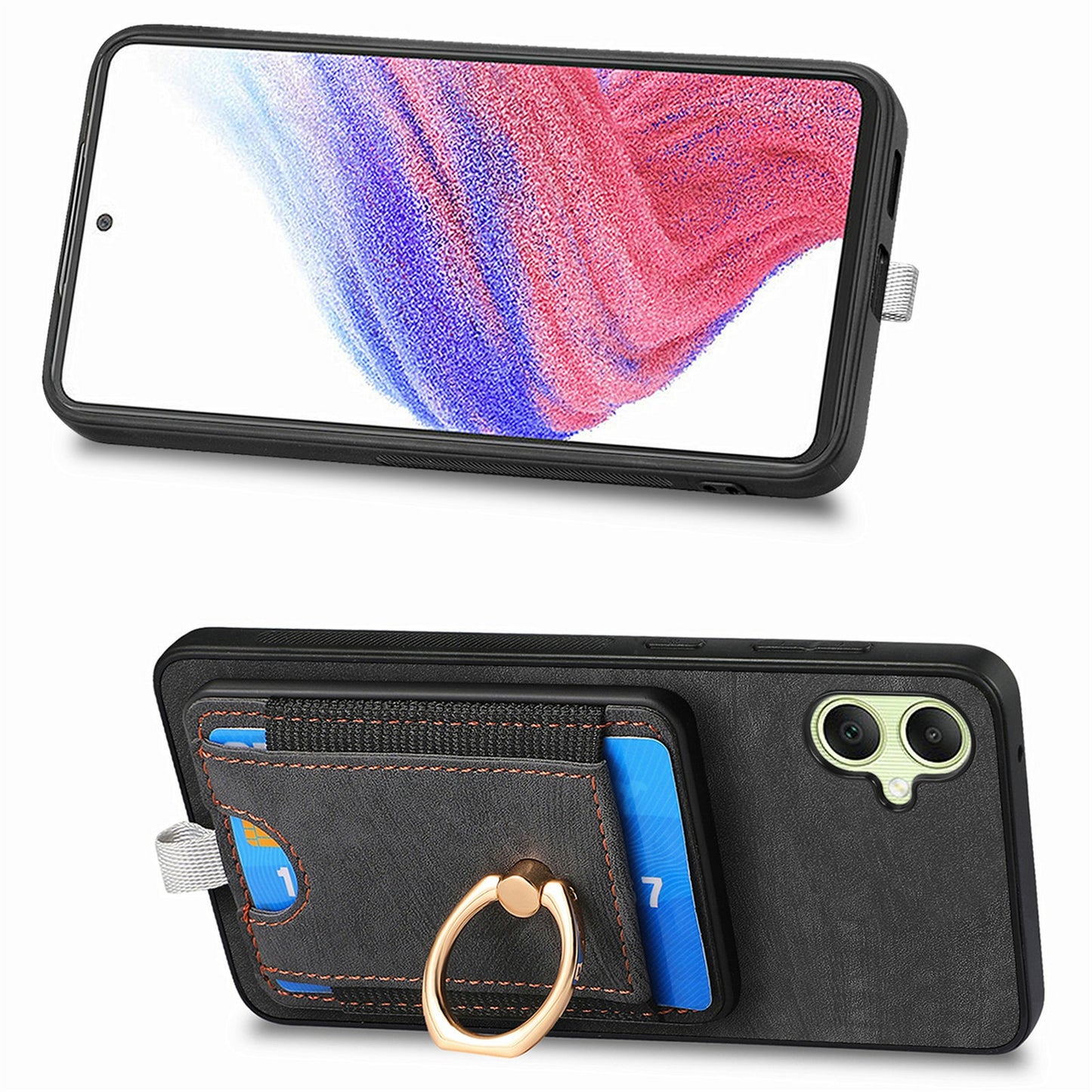 For Samsung Galaxy A06 Magnetic Case Card Holder Ring Kickstand PU Leather Phone Back Cover - Black