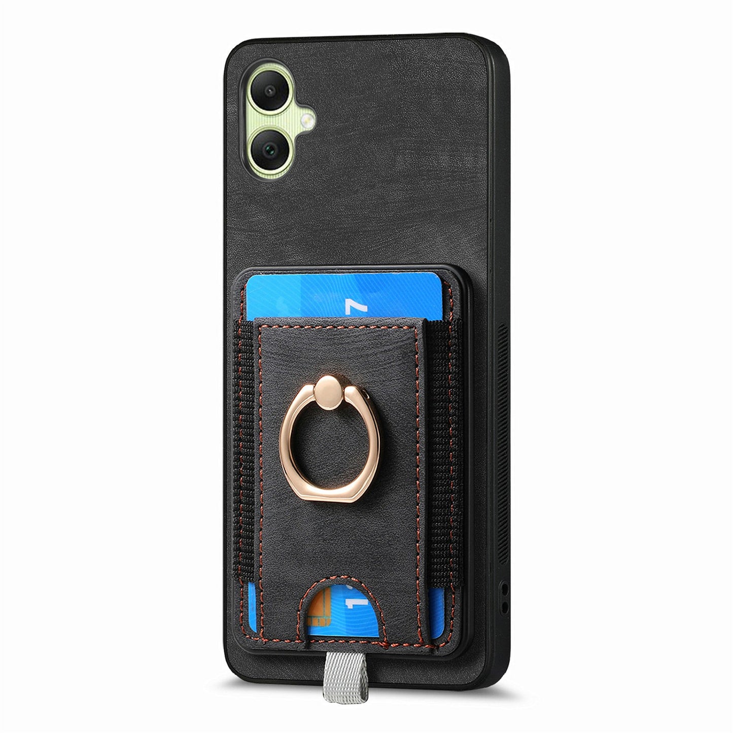 For Samsung Galaxy A06 Magnetic Case Card Holder Ring Kickstand PU Leather Phone Back Cover - Black