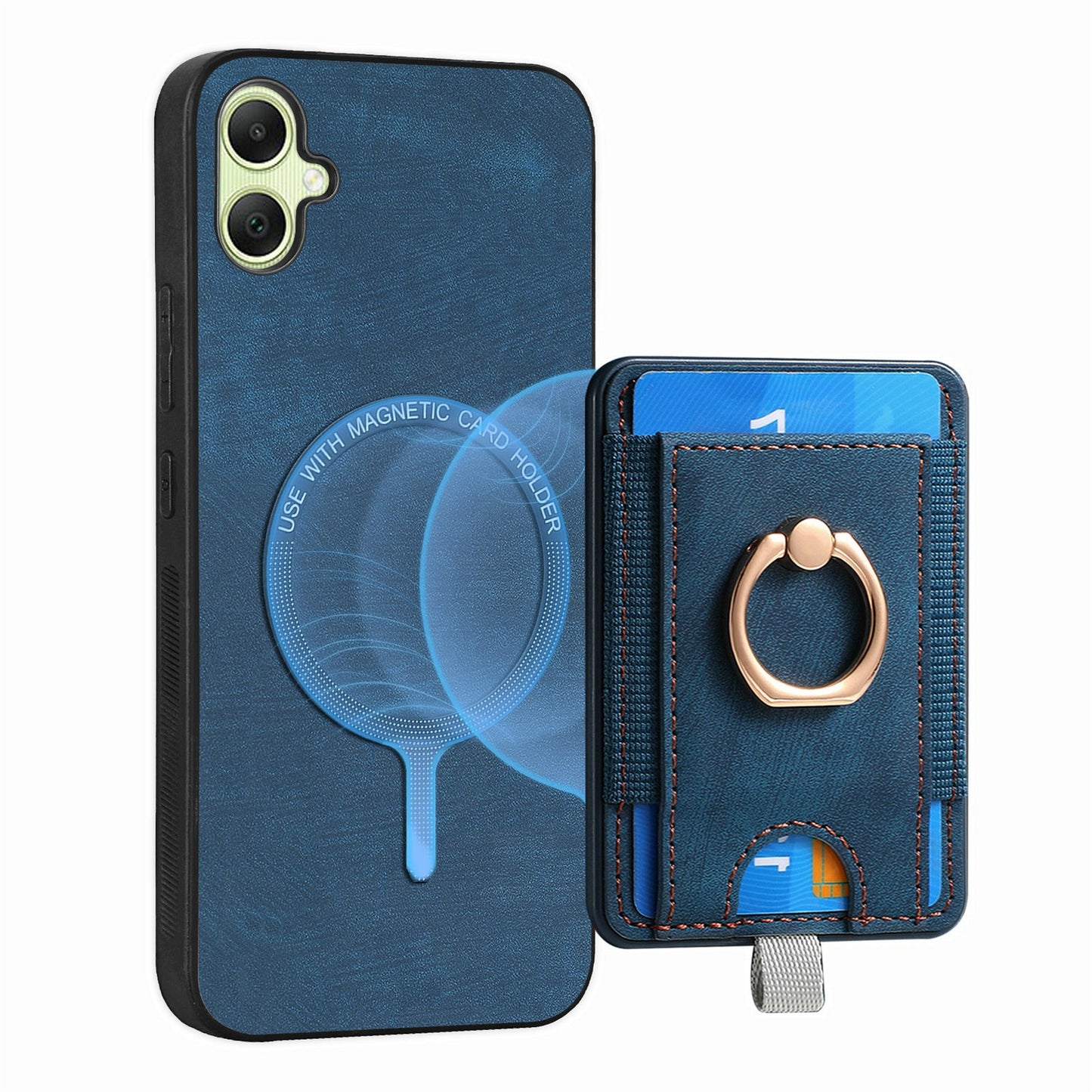 For Samsung Galaxy A06 Magnetic Case Card Holder Ring Kickstand PU Leather Phone Back Cover - Blue