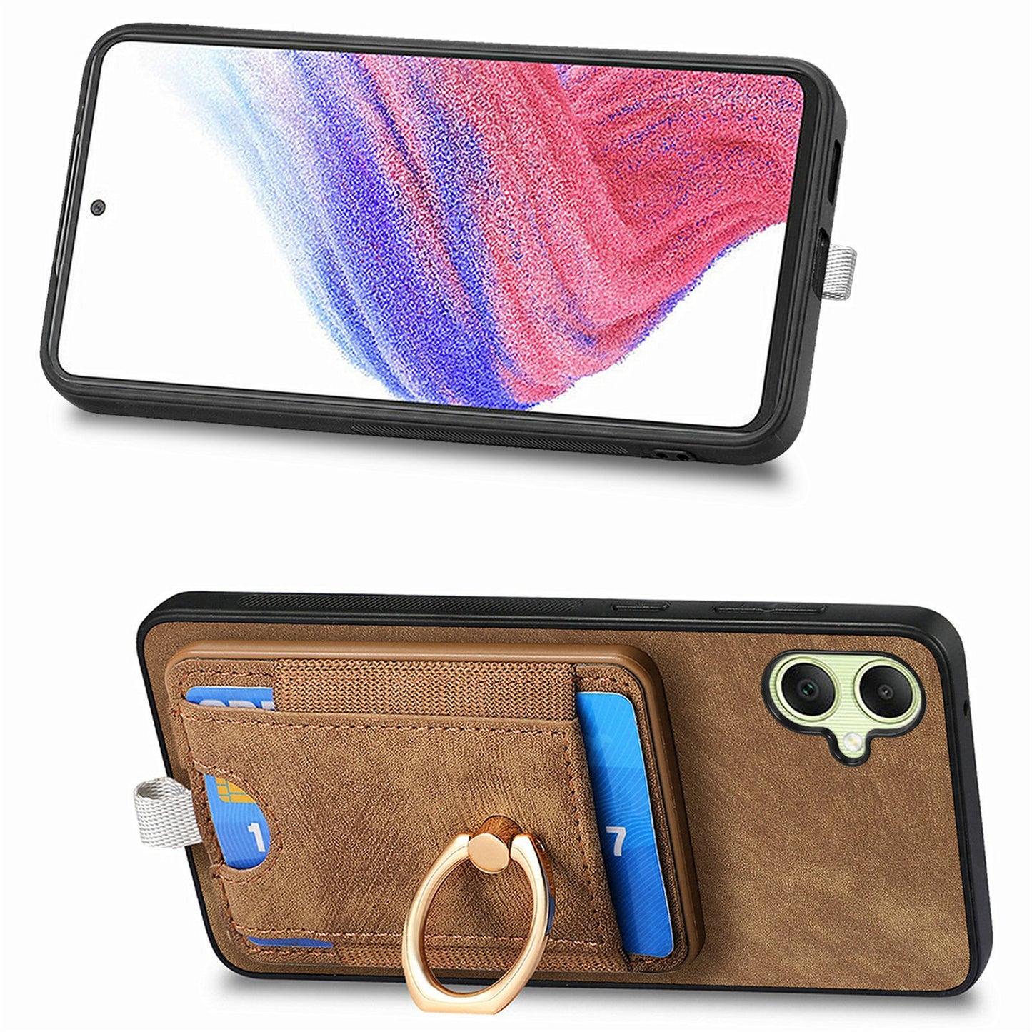 For Samsung Galaxy A06 Magnetic Case Card Holder Ring Kickstand PU Leather Phone Back Cover - Brown
