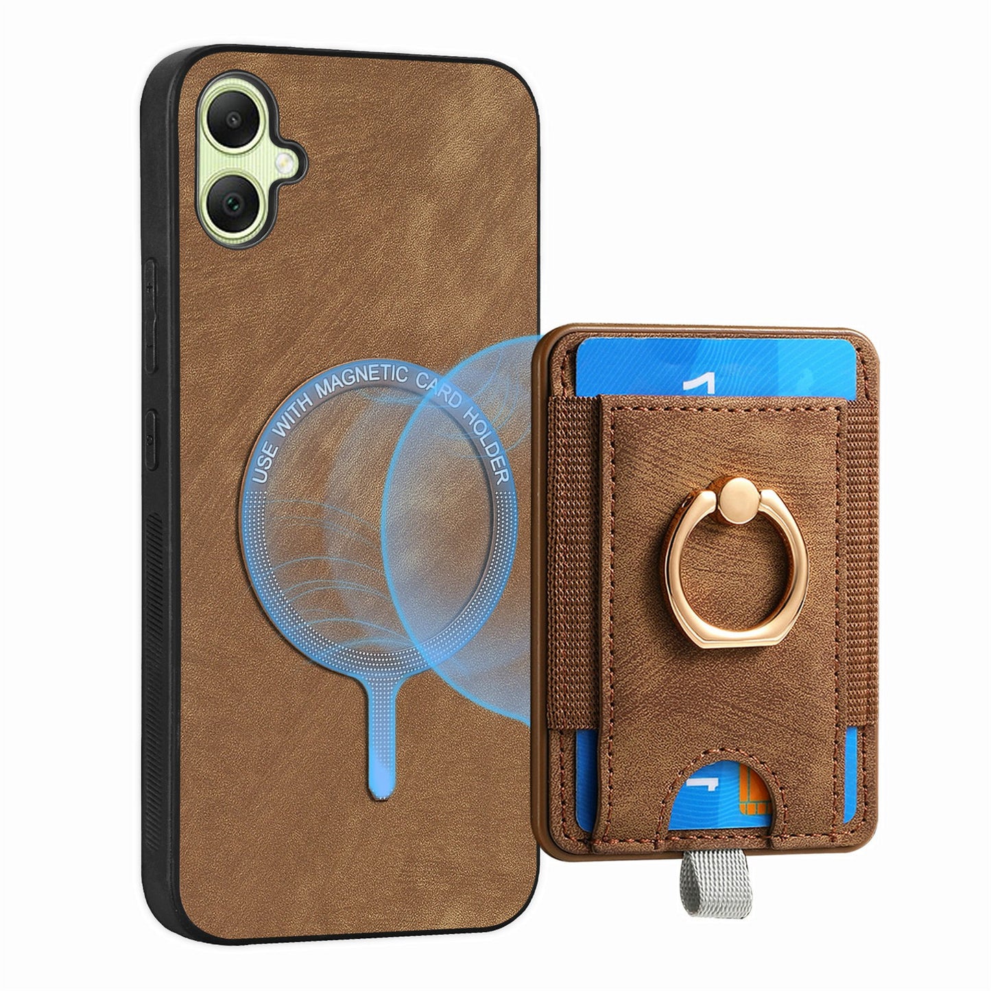 For Samsung Galaxy A06 Magnetic Case Card Holder Ring Kickstand PU Leather Phone Back Cover - Brown