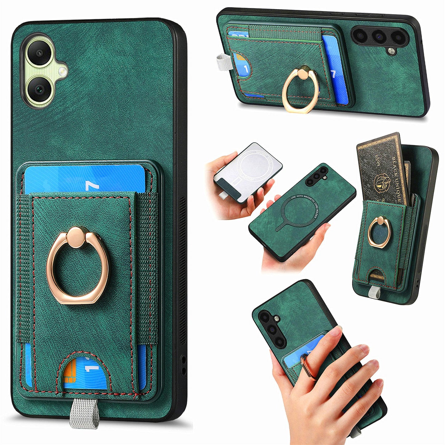 For Samsung Galaxy A06 Magnetic Case Card Holder Ring Kickstand PU Leather Phone Back Cover - Green