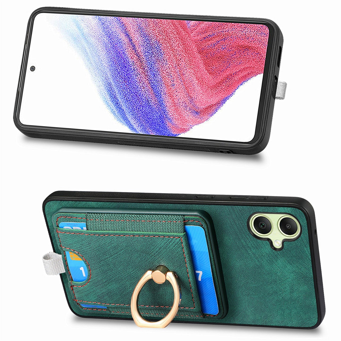 For Samsung Galaxy A06 Magnetic Case Card Holder Ring Kickstand PU Leather Phone Back Cover - Green